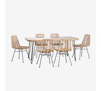 Ensemble table rectangulaire en osier synthétique (180x90 cm) Leribert et 6 chaises de salle à manger en rotin synthétique Goud NATUREL