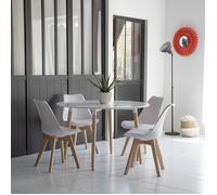 Happy Garden Ensemble Table Ronde Martha Ø120 cm et 4 Chaises Nora - Style Scandinave Blanc, Pieds Bois de Hêtre, Assise Rembourrée