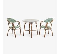 Ensemble table ronde Brielle Bistro, Ø80 cm, et deux chaises de salle à manger empilables avec accoudoirs en aluminium. Vert Choux - Blanc Gardenia