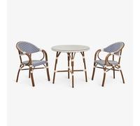 Ensemble table ronde Brielle Bistro, Ø80 cm, et deux chaises de salle à manger empilables avec accoudoirs en aluminium. Bleu Ken - Blanc Gardenia