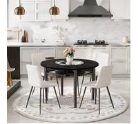 Ensemble table ronde design 100 cm + 4 chaises blanches, bois noir profond et métal, plateau verre trempé, style scandinave moderne