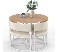 IDMARKET Ensemble table + 4 chaises encastrables MILENE métal blanc plateau façon hêtre et tissu velours beige