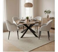 Ensemble table ronde naturel + 4 chaises en bouclette blanc - DIALO