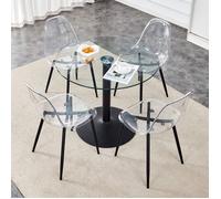 Ensemble table ronde verre trempé 85cm +4 chaises plastique transparent pied noir salle à manger cuisine 85x85x76cm 44x45.7x83cm