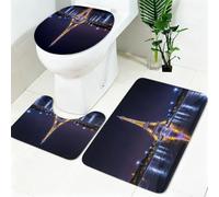Ensemble Tapis Salle de Bain 3 Pièces Tour Eiffel en Or Antidérapant, Tapis de Bain, Tapis WC, Contour WC en U, Housse Couvercle Toilette ScèNe De Nuit à Paris Doux Absorbant Lavable
