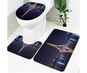 Ensemble Tapis Salle de Bain 3 Pièces Tour Eiffel en Or Antidérapant, Tapis de Bain, Tapis WC, Contour WC en U, Housse Couvercle Toilette ScèNe De Nuit à Paris Doux Absorbant Lavable