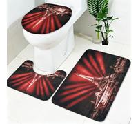 Ensemble Tapis Toilette 3 Pièces Tour Eiffel à Paris Antidérapant, Tapis de Bain, Tapis Siège WC, Lavable en Machine Lignes Rouges Doux et Absorbant