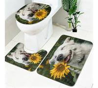 Ensemble Tapis WC 3 Pièces Animal Chien Blanc Antidérapant, Absorbant et Doux Fleur De Tournesol Tapis de Bain et Housse Couvercle Toilette pour Salle de Bain et WC