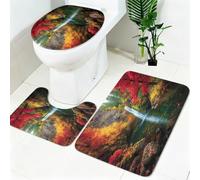 Ensemble Tapis WC 3 Pièces Cascade d'automne dans la forêt Antidérapant, Absorbant et Doux Rouge Tapis de Bain et Housse Couvercle Toilette pour Salle de Bain et WC