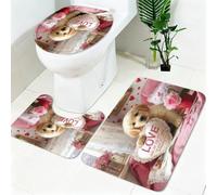 Ensemble Tapis WC 3 Pièces Chiot Amoureux des Animaux Antidérapant, Absorbant et Doux ThèMe De La Saint-Valentin Tapis de Bain et Housse Couvercle Toilette pour Salle de Bain et WC