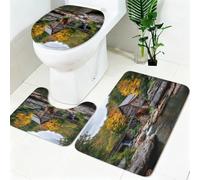 Ensemble Tapis WC 3 Pièces Moulin à Eau de la forêt Antidérapant, Absorbant et Doux Paysages Naturels Tapis de Bain et Housse Couvercle Toilette pour Salle de Bain et WC