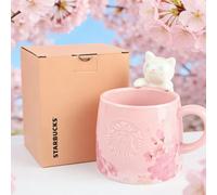 Ensemble tasse et soucoupe Starbucks Sakura Blue Tit, tasse en céramique dégradé rose avec badge sirène doré, cadeau floral printanier Starbucks cups
