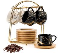 Ensemble Tasses Café Céramique Soucoupes Bois Support Métal Doré Motif Marbre Empilables Espresso Cappuccino Latte