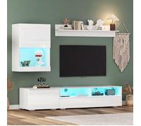 Ensemble TV 3 pièces 175x39x34 cm blanc laqué - meuble, vitrine, étagère murale LED