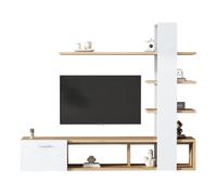 Ensemble TV mural 180/33,5/151,5 cm blanc et bois en panneaux avec rangements