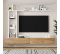 Ensemble TV mural 180 x 35 x 22,5 cm, vitrine, étagère et support pour téléviseurs jusqu'à 80"", finition blanche et bois,mobilier