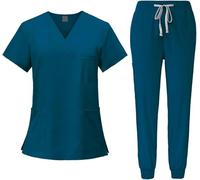 Ensemble uniforme médical pour femme - Haut et pantalon - Col en V - Confortable - Avec poches - Vêtements de travail pour infirmière et centre de beauté, bleu, XL