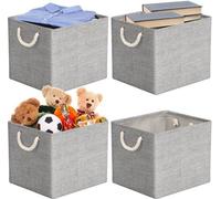 Ensemble Unyqoos® – 4 paniers de rangement pliables gris en toile, avec une structure métallique robuste, dimensions : 33 x 38 x 33 cm, poignées en corde de coton