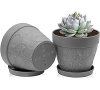 Ensemble Unyqoos® comprenant 2 pots en plastique gris imitation terre cuite, diamètre 17,5 cm, hauteur 15 cm, avec drainage et sous-couche, en PP résistant aux intempéries, idéal pour les herbes aroma
