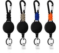 Ensemble Unyqoos® comprenant 4 porte-clés rétractables pour clés et badges – câble en acier inoxydable de 60 cm, boîtier en ABS, mousqueton, capacité de charge de 250 g, couleurs : noir, beige, bleu,