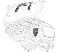 Ensemble Unyqoos® de 25 mini-boîtes de rangement transparentes pour bijoux et petits objets, en plastique PP. Boîte extérieure : 23 x 15 x 8 cm. 24 compartiments intérieurs : 5,5 x 5,5 x 2 cm