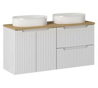 Ensemble VANO blanc 120cm : meubles sous vasque à tiroirs et placards + plan pour vasque + deux vasques à poser rainurées
