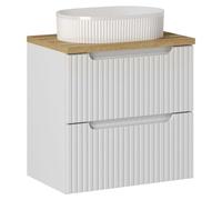 Ensemble VANO blanc 60cm : meuble sous vasque à tiroirs + plan pour vasque aspect chêne clair + vasque à poser rainurée blanche