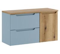 Ensemble VANO bleu denim et chêne clair 100cm : meubles sous vasque à tiroirs et panier à linge intégré + plan pour vasque