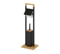 Ensemble WC Relaxdays, bambou, porte-rouleau sur pied, brosse WC avec support, 76,5 x 28 x 18 cm, noir