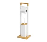 Ensemble WC Relaxdays, en Bambou, Porte-Rouleau sur Pied, Brosse WC avec Support, 76,5 x 28 x 18 cm, Blanc