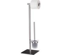 WENKO Combiné WC 2en1 Lima | Brosse WC à tête remplaçable et dérouleur Papier Toilette | Socle Stable Noir en Verre sécurité | Acier Inoxydable | 23,5x69x20 cm | INOX Mat et Noir