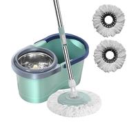 Ensembles Balai-serpillière Et Seau, Seau Essoreuse Et Balai À Franges, Set Serpillère Rotative 360° avec Manche Téléscopique Et Seau, Vadrouille À Rotation Automatique avec Seau,1/2/3 Bross De Tête