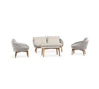 Salon de jardin bas 5 pl en alu imitation bois et corde tissée - marron