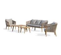 Salon de jardin bas 5 pl en aluminium imitation bois et corde tissée