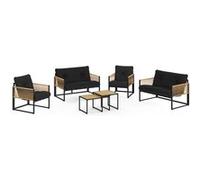IDMarket - Salon de Jardin Bas Rio 6 Places Structure métal Noir, Cordage Effet rotin Clair et Coussins Noirs