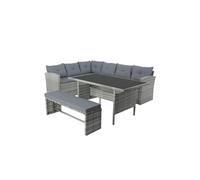 CONCEPT USINE | Salon de Jardin Repas 8 Places Moorea Gris | Canapé d’Angle + Banc + Table Rectangulaire Verre Trempé | Résine Tressée & Acier | Coussins Déhoussables Confort 5 cm | Design Moderne