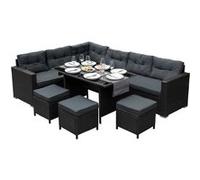 Ensemble de salon de jardin, coin salon en rotin et polyrotin, salon de jardin noir, canapé d'angle, pouf, table avec plateau en verre, protection UV, imperméable, coussins d'assise et de dossier gris