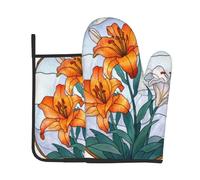 Ensembles de Gants de Cuisine et de maniques à Motifs de lys Orange et blan