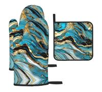 Ensembles de Gants de Cuisine et de maniques en marbre Bleu Turquoise et Or