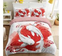 Ensembles de Literie 140 x 190 cm pour Garçons Filles, Oriental Style Chinois Rose Housse de Couette Imprimée Peinture À L'Encre Carpe Koï Rouge Blanc Zen avec Fermeture Éclair et 1 Taie 65 x 65 cm
