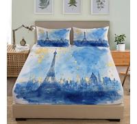 Ensembles de literie Aquarelle Paris Tour Eiffel Contour 90x190x30 cm pour 1 Personnes Lit Respirant Drap Housse Enfant Adulte Bleu avec 2 Taies d'oreillers 65x65 cm pour 5-30 cm Matelas