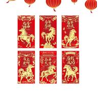 Enveloppe rouge cheval 2026 6 pièces 2026 motifs de chevaux mignons festifs | Lunar Horse Year Sac rouge pour adultes, amoureux, amis, mère, père, enfants