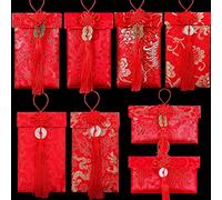 Enveloppes rouges hinaisiennes, enveloppes en soie chinoise, porte-monnaie d'élément chinois, enveloppes de fête du printemps, mariage, Nouvel An 8 pièces