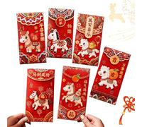 Enveloppes rouges pour argent 2026 - Portefeuilles 3D brodés | Lot de 6 jolies enveloppes lunaires pour le Nouvel An lunaire pour printemps, festival, anniversaire, Nouvel An, mariage
