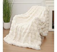 Enyhom Plaid Polaire Chaud en Flanelle, 228 x 228 cm Couverture Polaire Epaisse Lit 2 Personnes, Plaid Canape Fausse Fourrure Lapin Bou oux Beige Double Couche Couverture Lit Cadeau Mere Fille