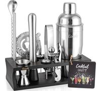 Eocolz Cocktail Shaker Kit, INOX Ensembles de Bar Cocktail Set, 17Pièces Cocktails Ensemble-Cadeau, Shaker à Cocktail Kit Barman avec Cadre en Bois (Noir Argent)