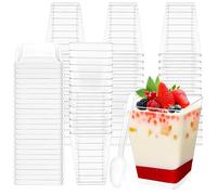 EOGRFW Lot de 50 coupelles à dessert avec couvercles et cuillères, 150 ml, mini tasses à dessert réutilisables, verres à dessert carrés pour desserts DIY, pudding, mousse, glace, pique-nique, mariages