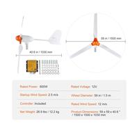 Éolienne, 12V 500W/800W, régulateur MPPT, 12V 800W 3 lames