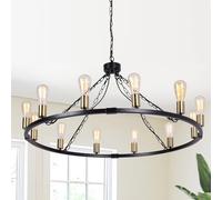 Eoodis Lustre Suspendu Noir et Or Vintage 12 Lumières Grand Lustre Roue de Chariot Ø100cm Suspension Métal Rustique Style Campagne Moderne Hauteur Réglable E27 pour Salle à Manger, Salon