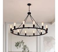 Eoodis Lustre Suspendu Noir Vintage 12 Lumières Grand Lustre Roue de Chariot Ø100cm Suspension Luminaire Rustique Moderne Style Campagne Hauteur Réglable E27 pour Salle à Manger, Salon